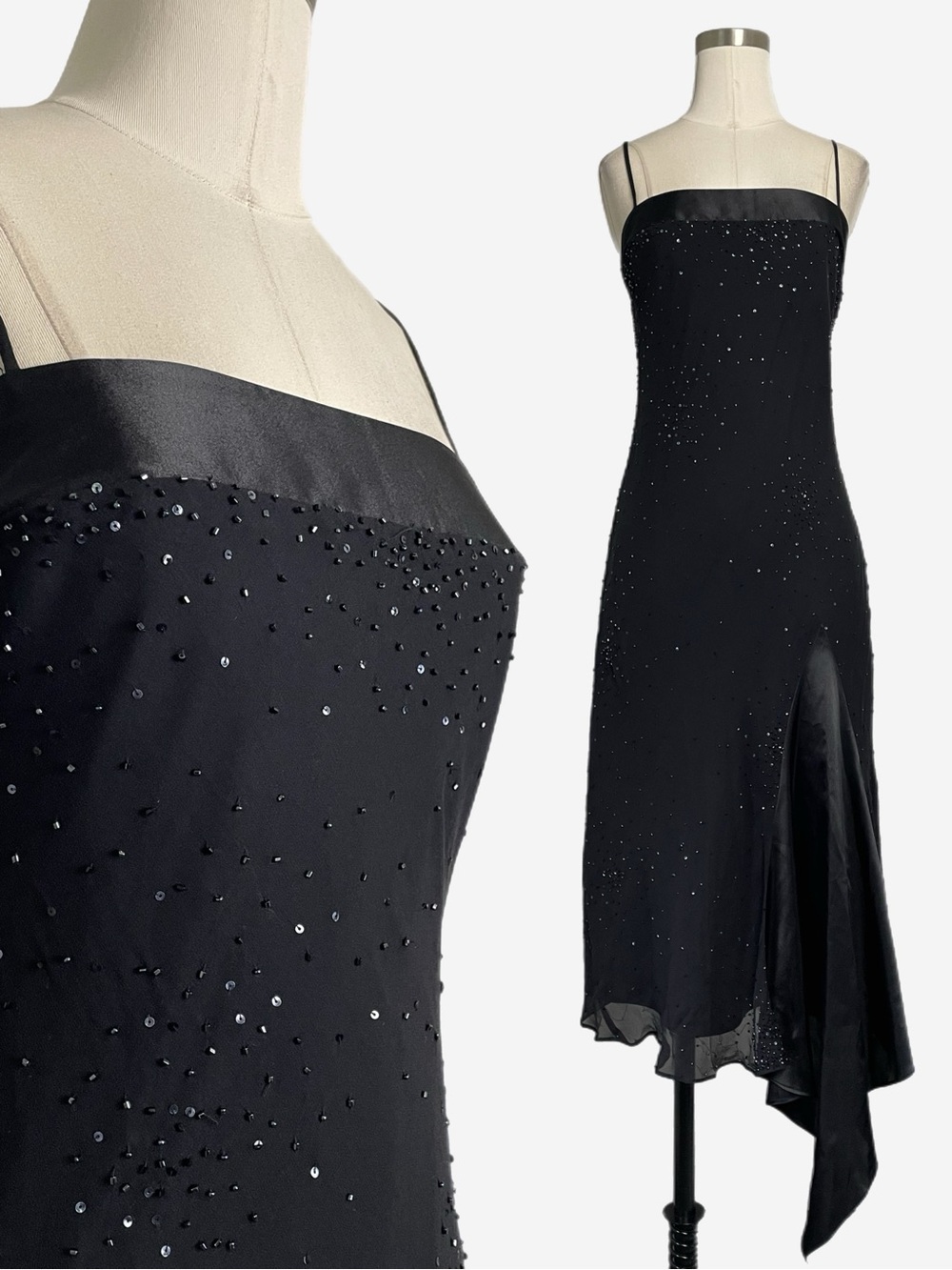 Vintage Y2K Laundry by Shelli Sagal black silk beaded asymmetric slip dress XS